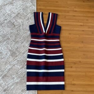 Herve Leger Navy and Burgundy Striped Midi Dress